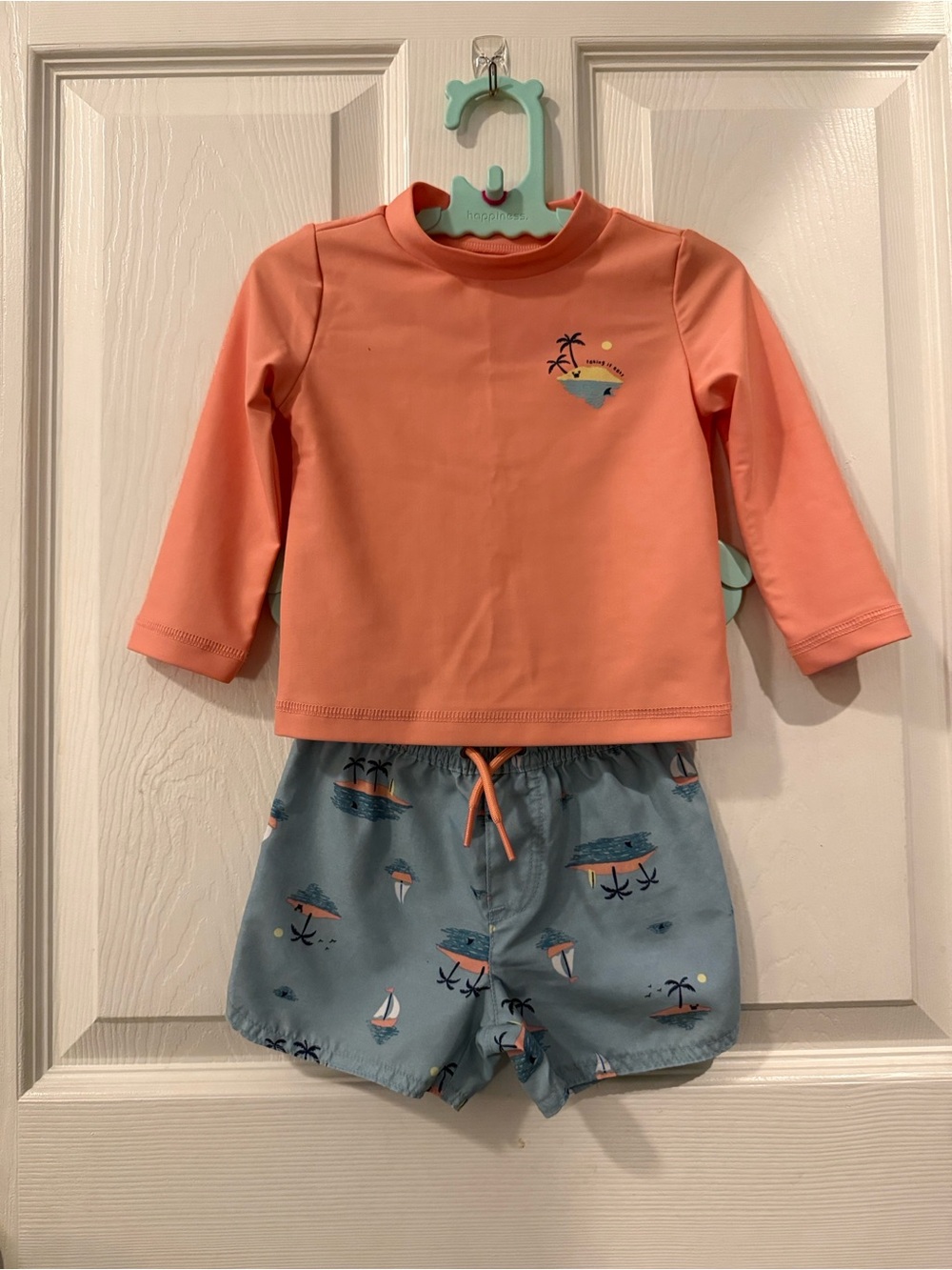 Carter's Coral Long-Sleeve Rashguard with Light Blue Island-Print Swim Shorts